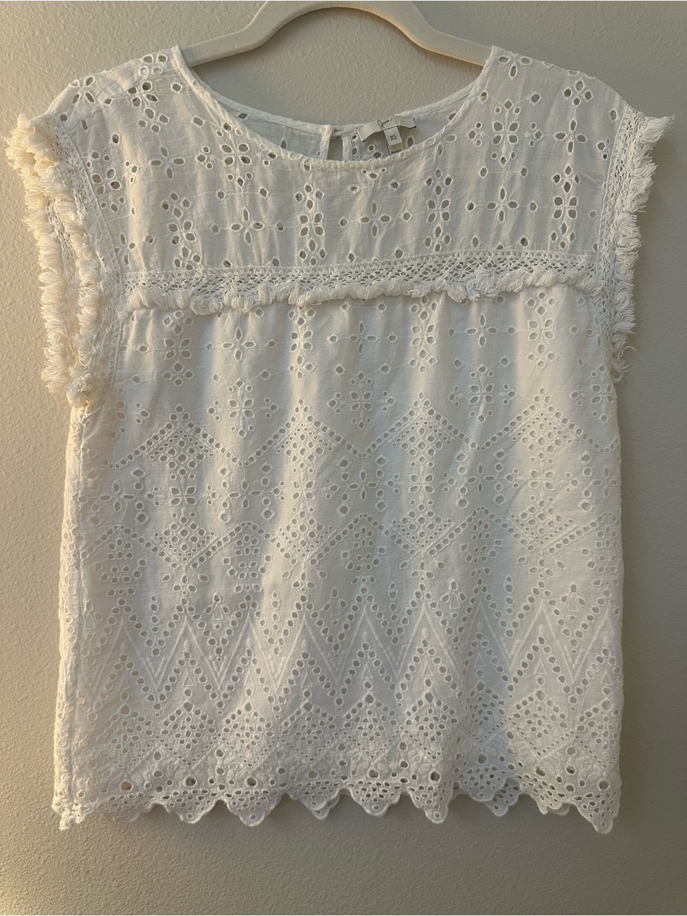 Joie White Eyelet Fringe Cap-Sleeve Fully Lined Top 100% Cotton XS